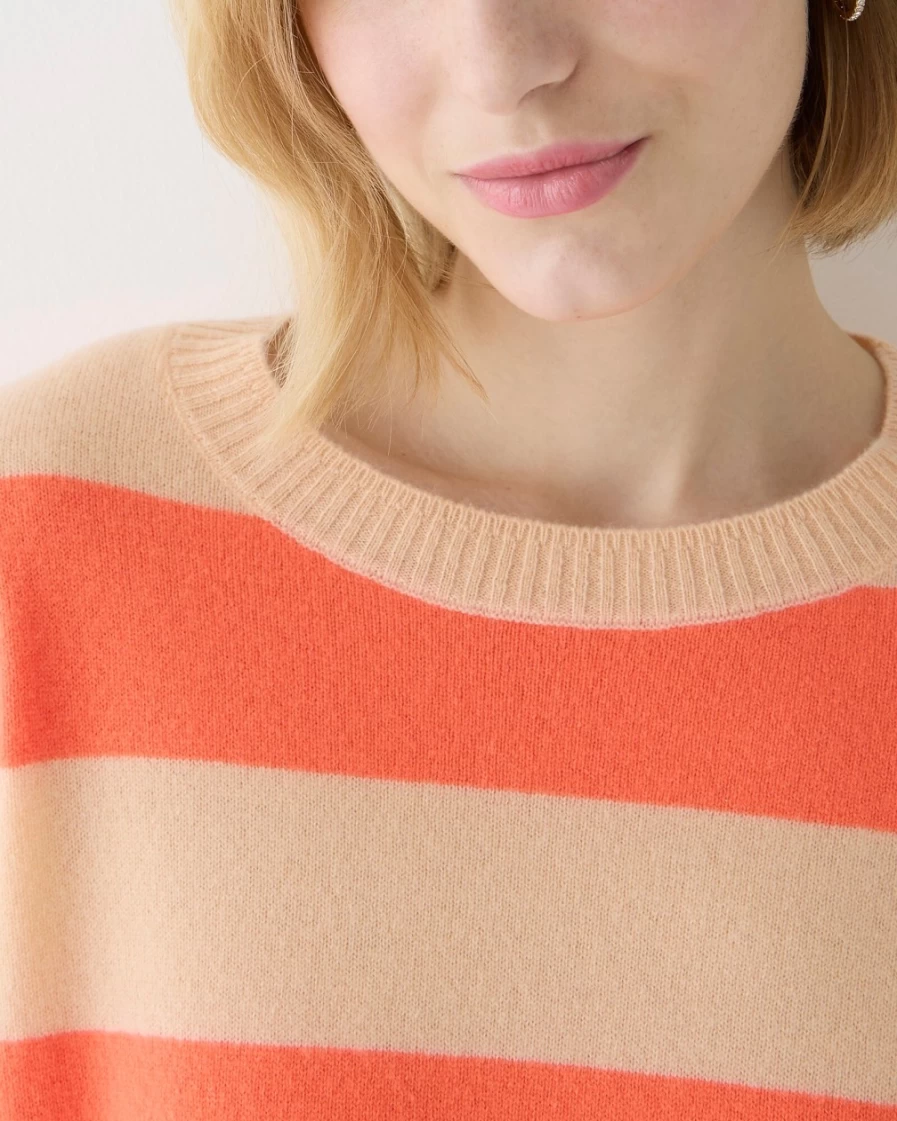 J.Crew Women's Apricot Papaya Cropped Cashmere Rugby Stripe Crewneck Sweater