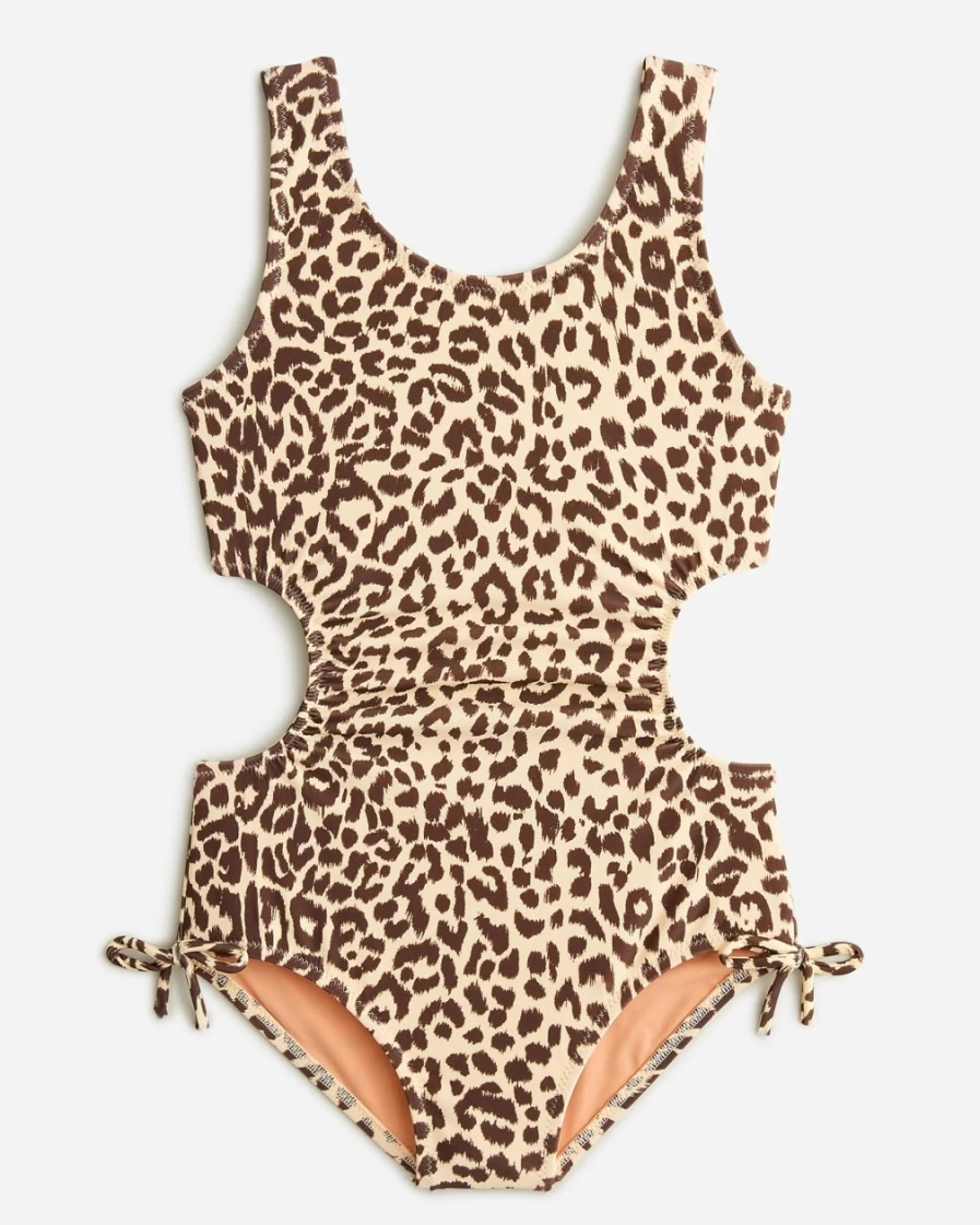 J.Crew Girls' Lana Leopard Dusty Taupe Cutout One-Piece Swimsuit UPF 50+ for Sun Protection