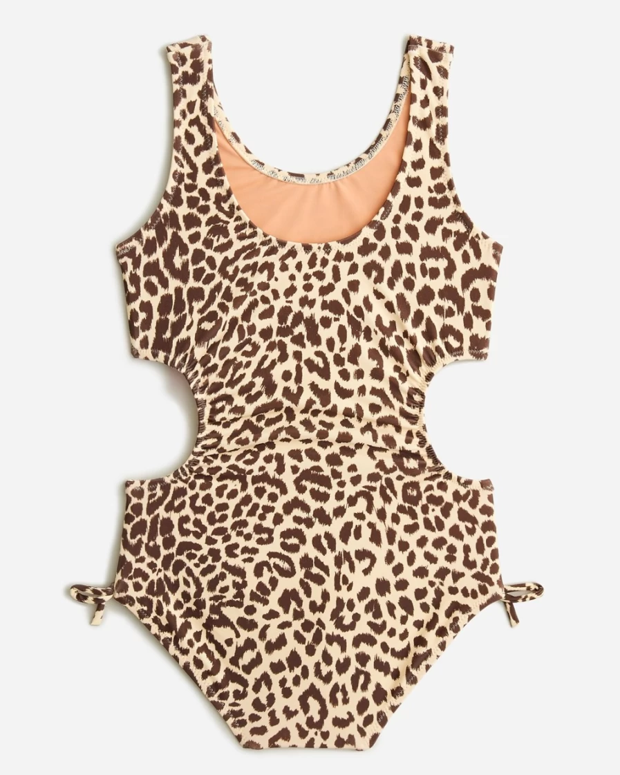 J.Crew Girls' Lana Leopard Dusty Taupe Cutout One-Piece Swimsuit UPF 50+ for Sun Protection