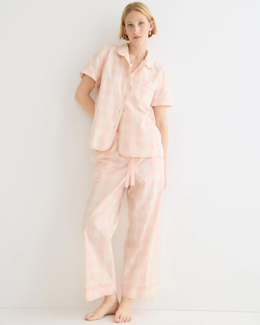J.Crew Women's Light Pink Short-Sleeve Cropped Cotton Poplin Pajama Set - Bristol Gingham Sleepwear