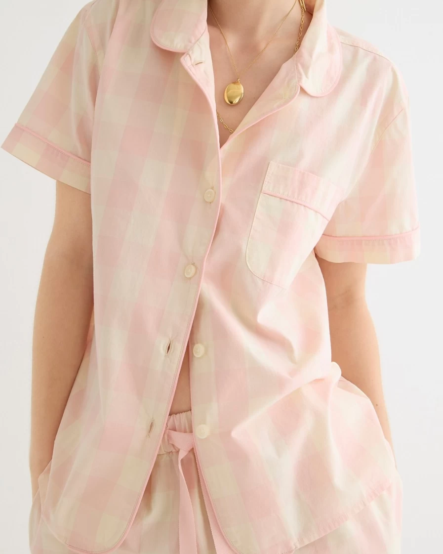 J.Crew Women's Light Pink Short-Sleeve Cropped Cotton Poplin Pajama Set - Bristol Gingham Sleepwear