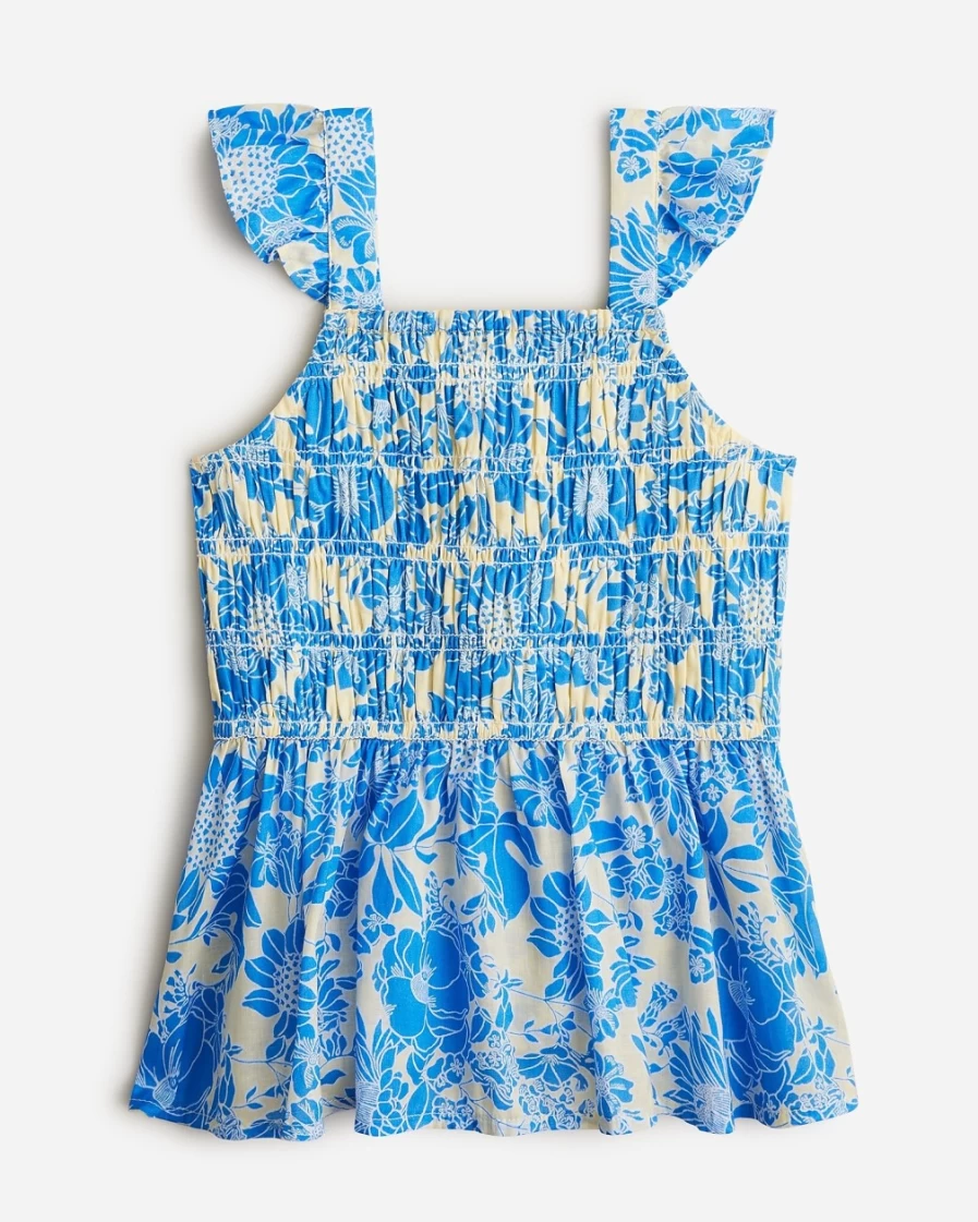 J.Crew Girls' Flutter-Sleeve Smocked Tank Top in Sail Blue Floral Print