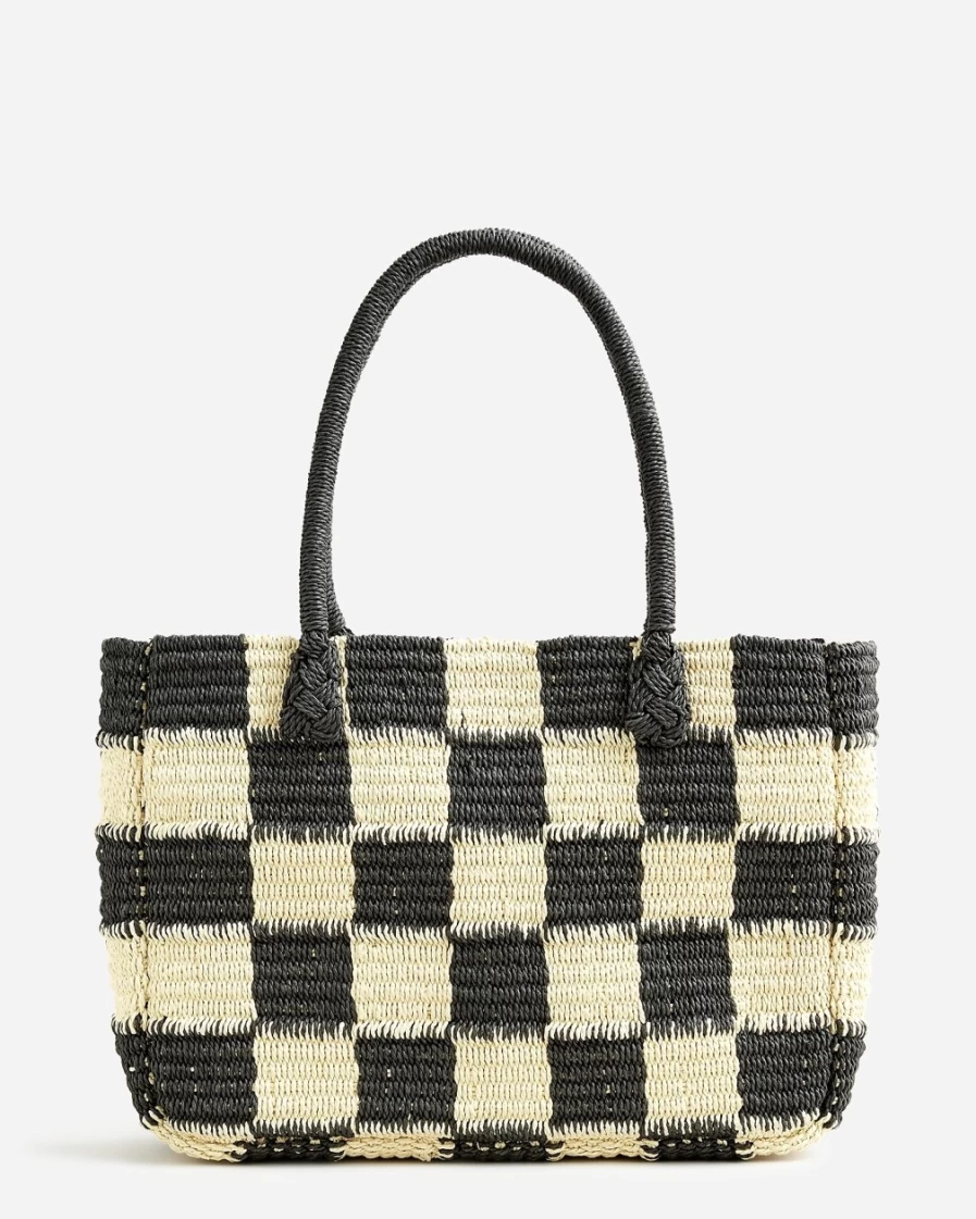J.Crew Women's Black Natural Gingham Straw Marseille Tote Bag
