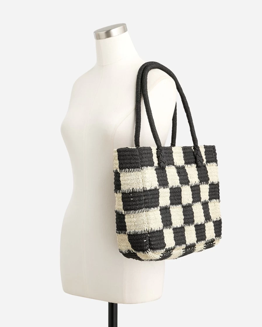 J.Crew Women's Black Natural Gingham Straw Marseille Tote Bag