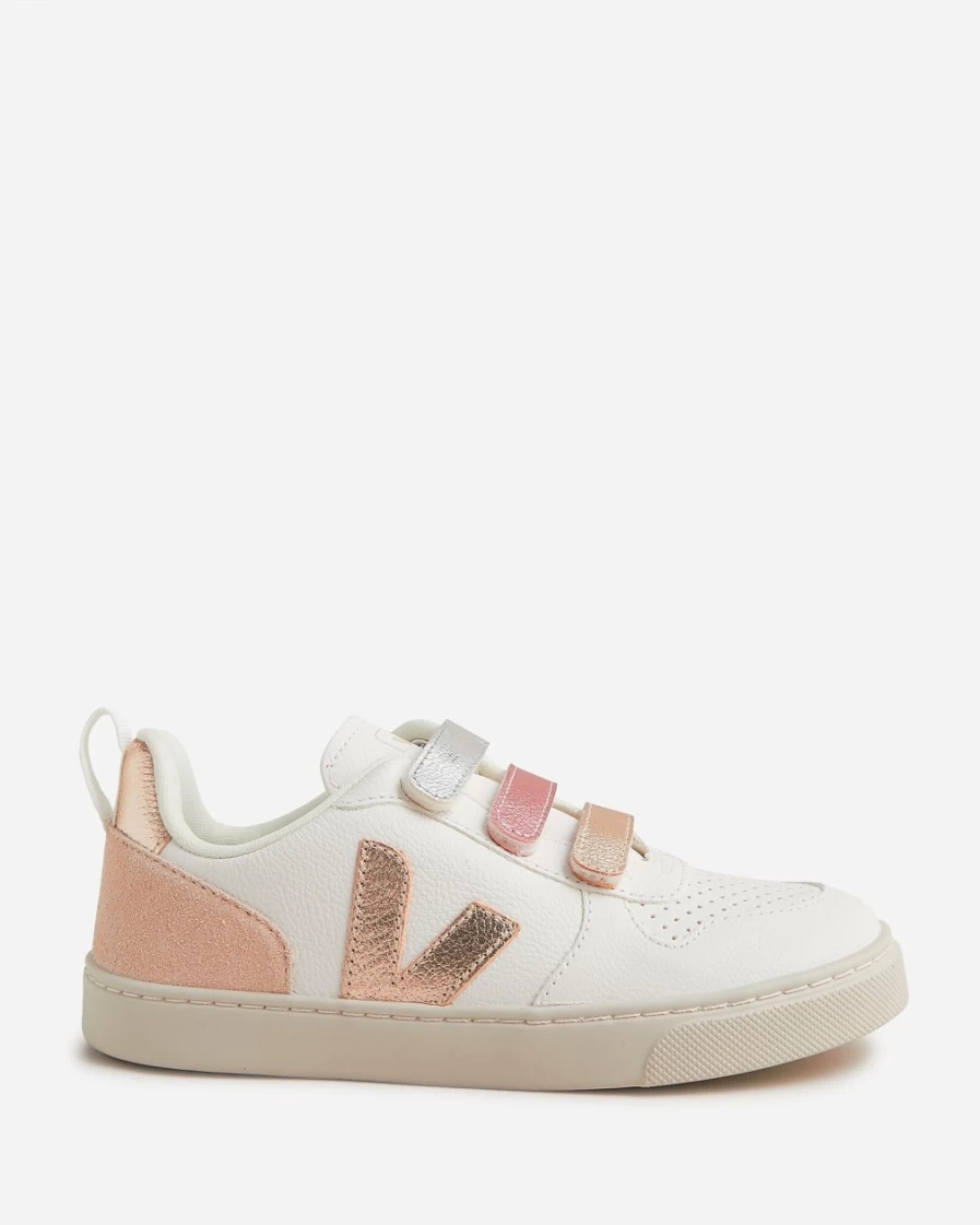 J.Crew Girls' Multicolor Veja V-10 Metallic Velcro Sneakers in White