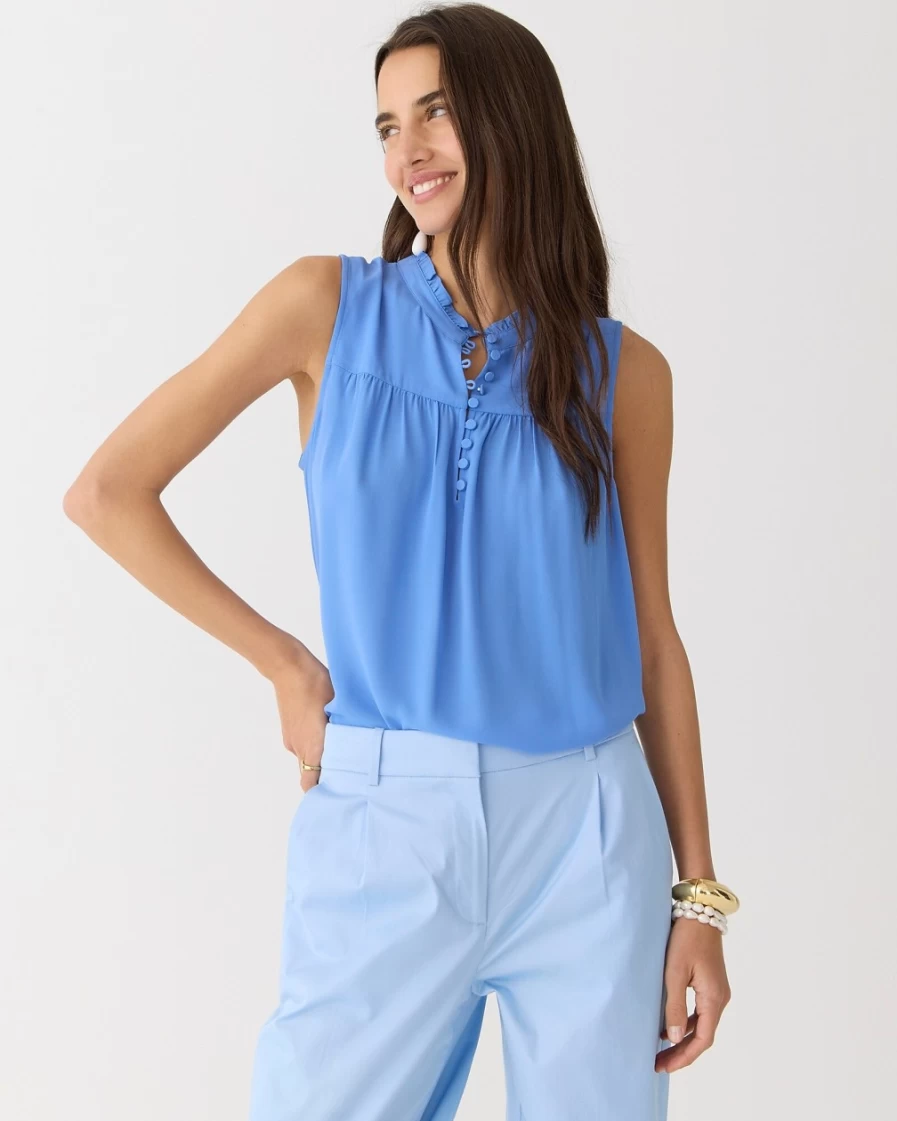 J.Crew Women's Brilliant Ocean Sleeveless Ruffled Button-Front Popover Top