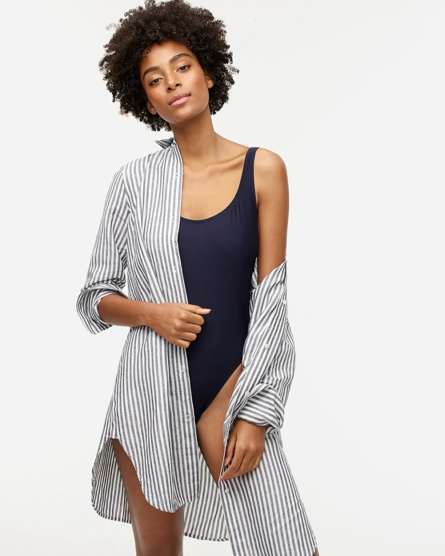J.Crew Women's Navy & White Striped Linen-Cotton Beach Shirt