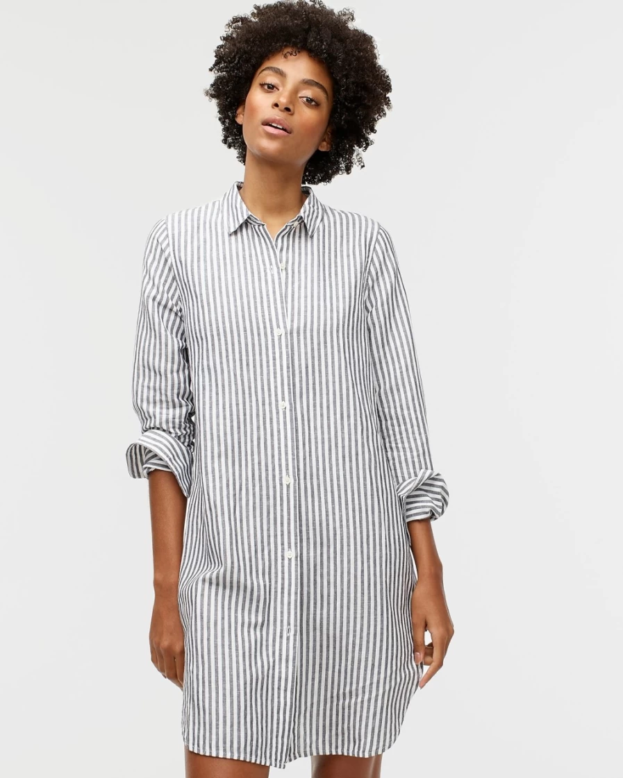 J.Crew Women's Navy & White Striped Linen-Cotton Beach Shirt