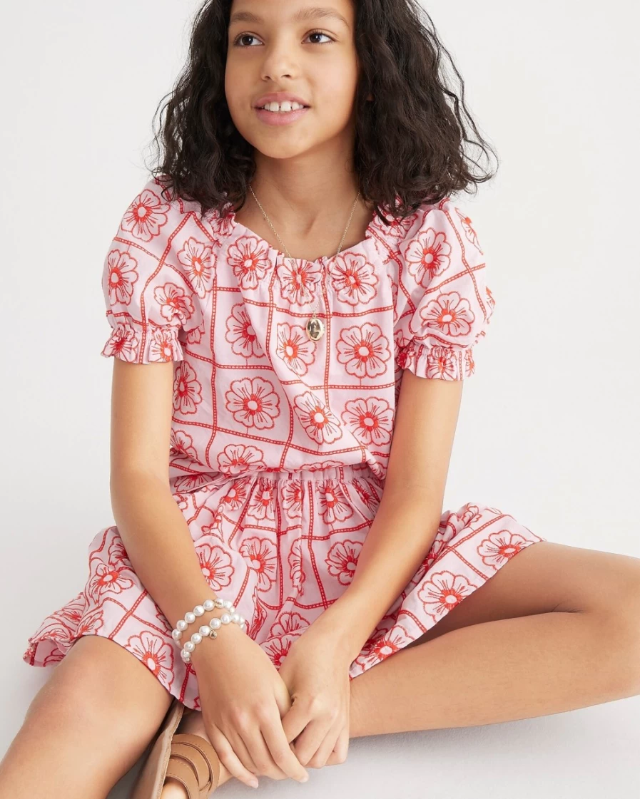 J.Crew Girls' Cupcake Blush Sweet Pe Puff-Sleeve Embroidered Top