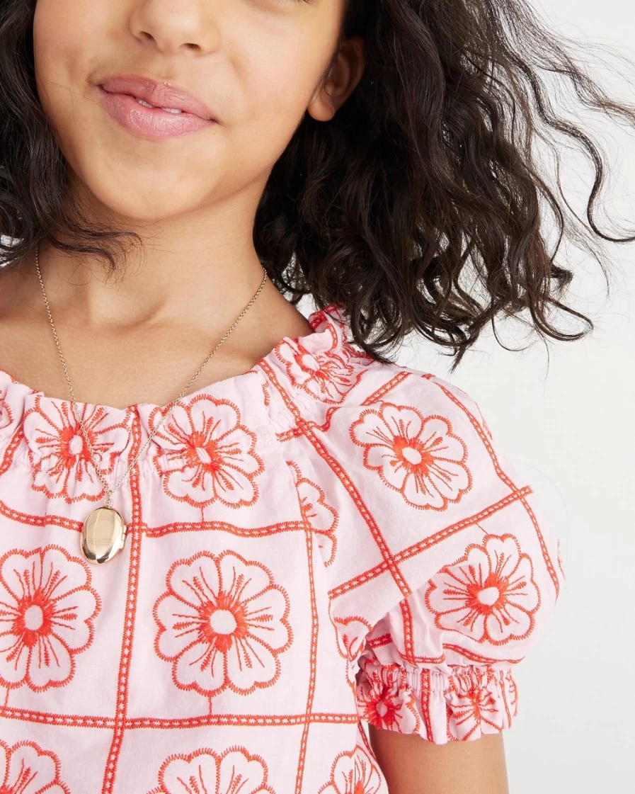 J.Crew Girls' Cupcake Blush Sweet Pe Puff-Sleeve Embroidered Top