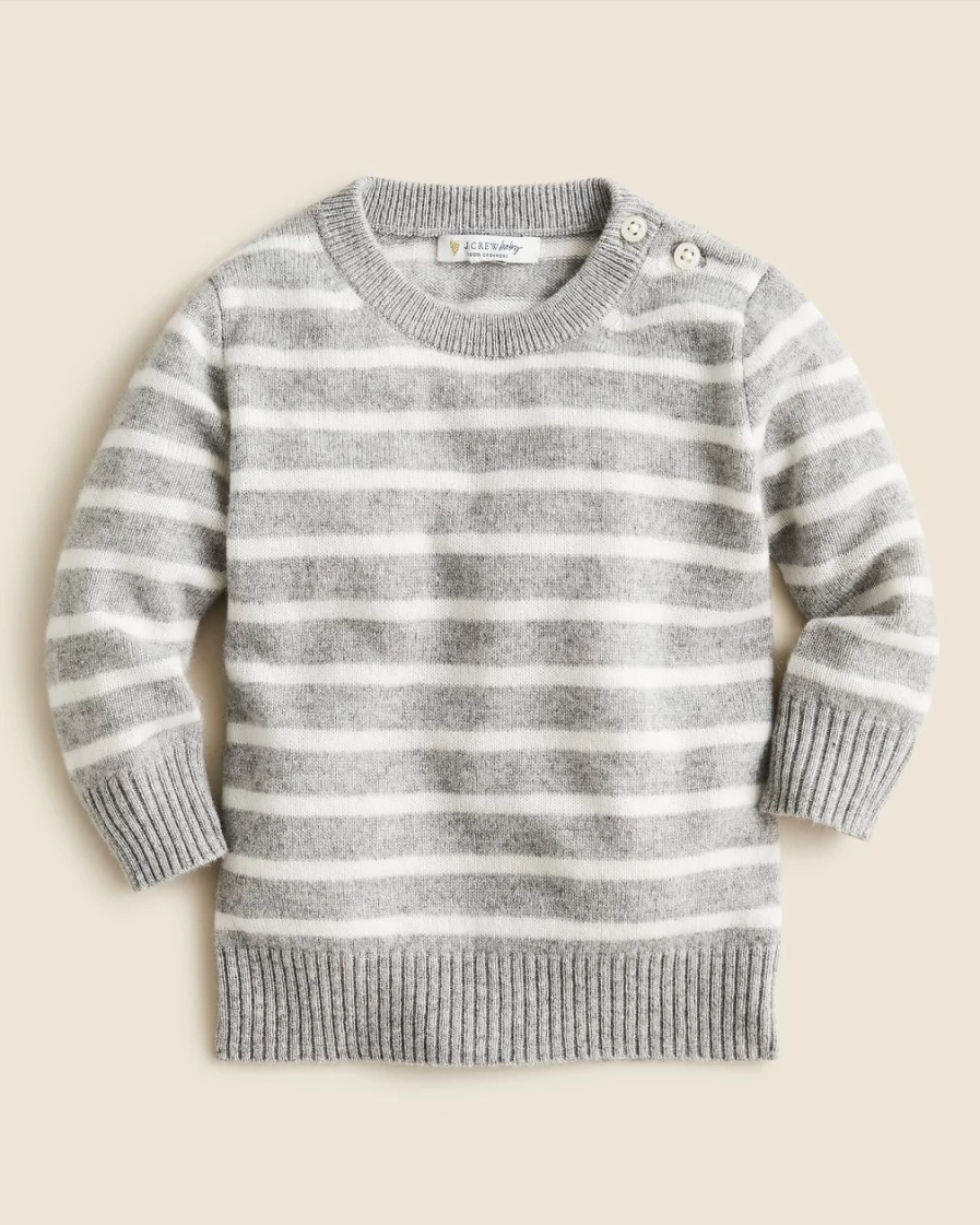 J.Crew Baby Cashmere Striped Sweater with Button Details in Heather Grey Snow | Limited Edition