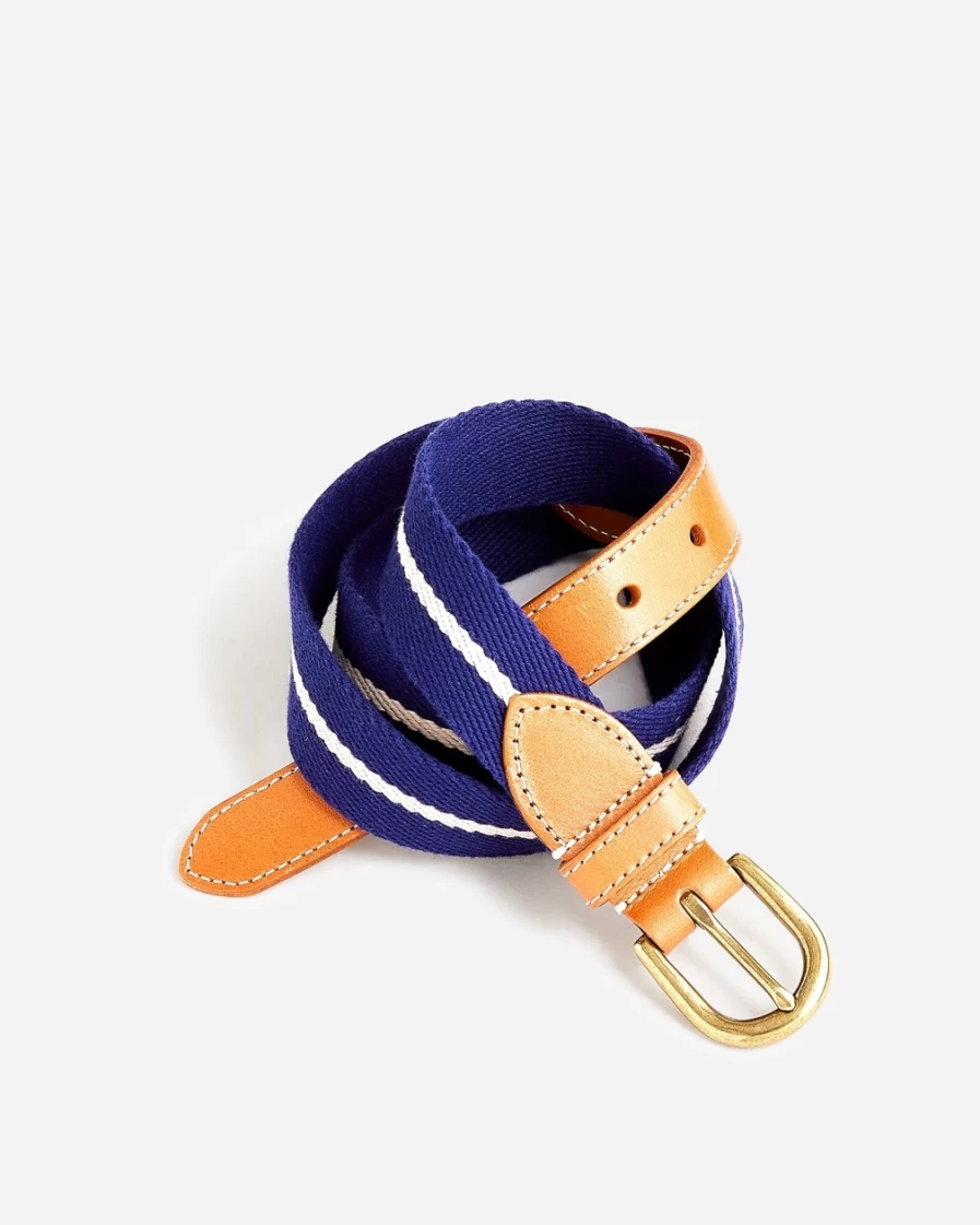 J.Crew Men's Midnight Indigo Mix Webbed Belt with Brass Buckle - Striped Casual Strap