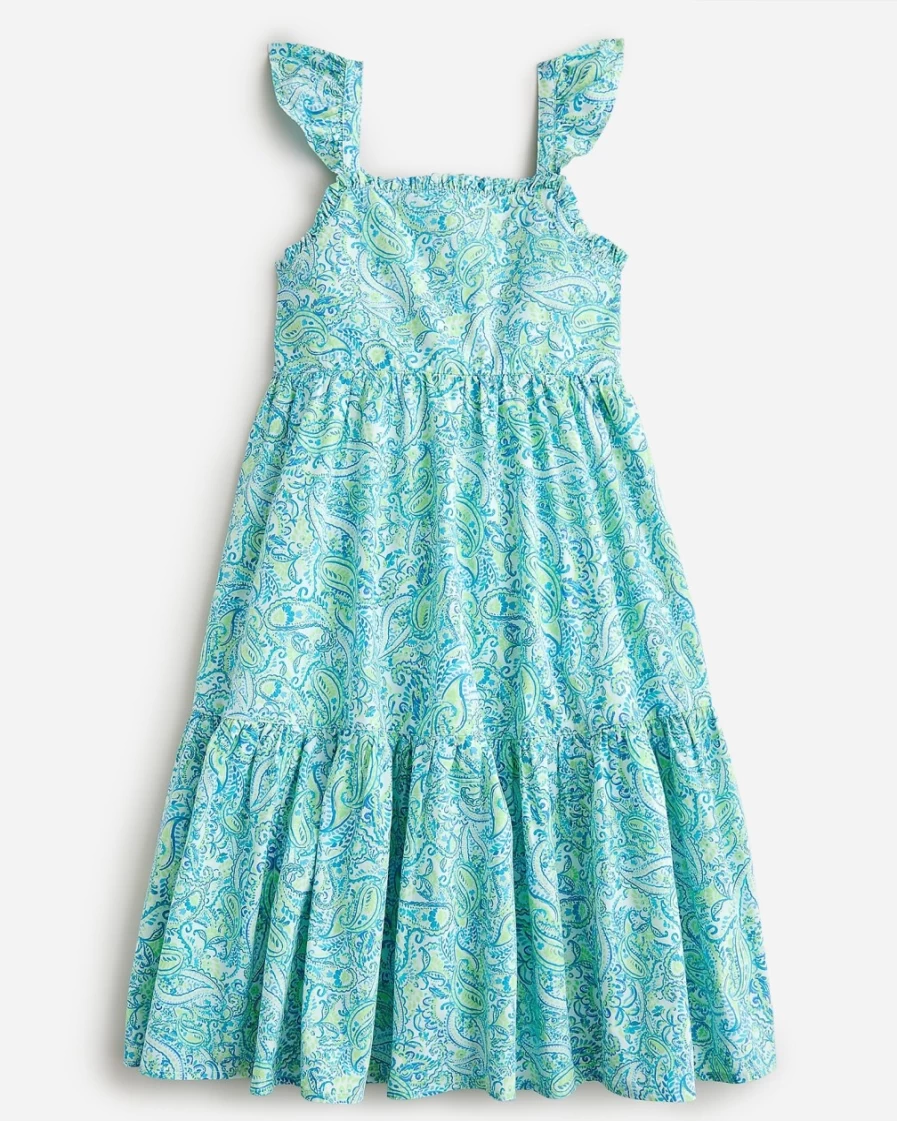 J.Crew Girls' Green Printed Ruffle-Trim Tiered Dress