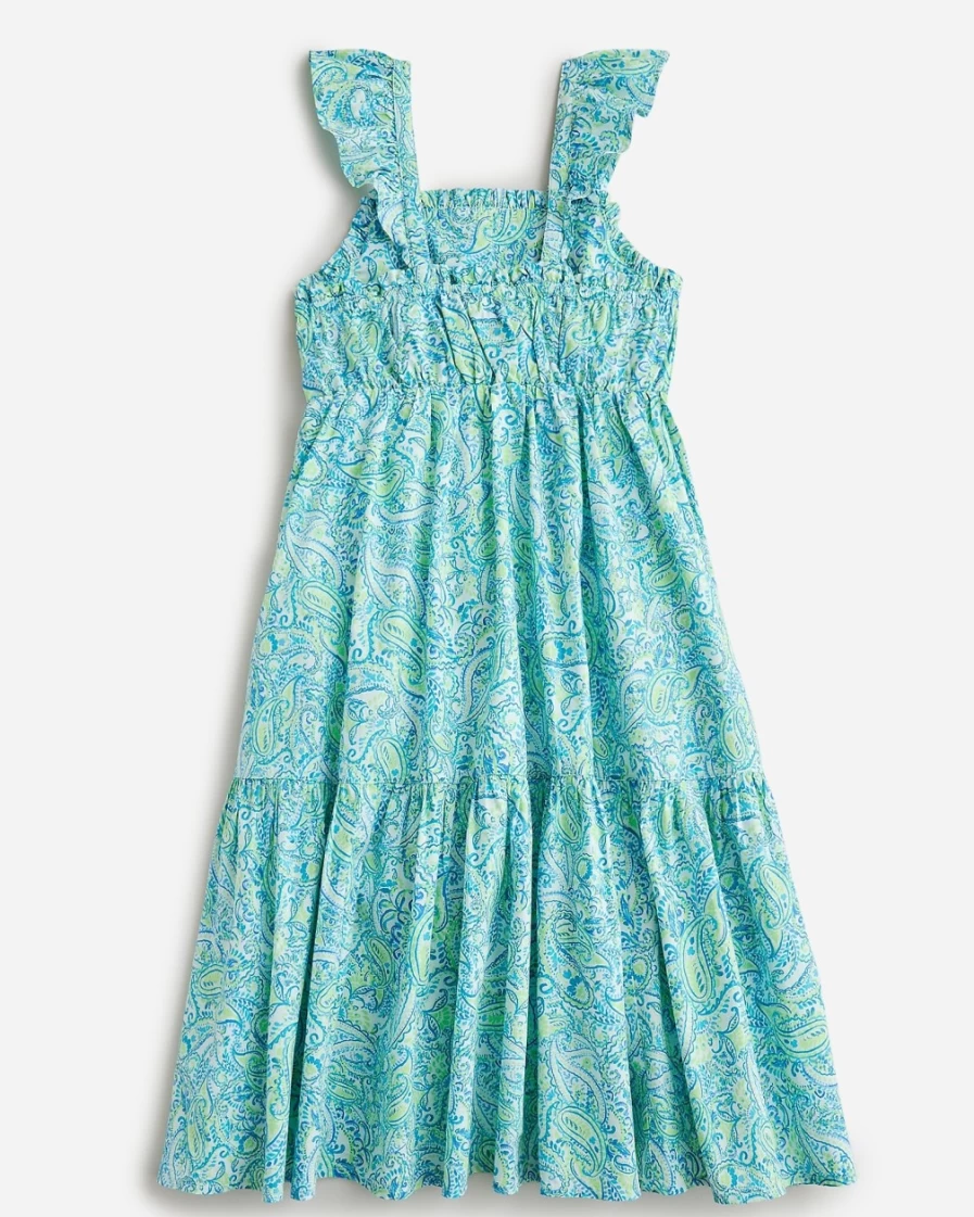 J.Crew Girls' Green Printed Ruffle-Trim Tiered Dress