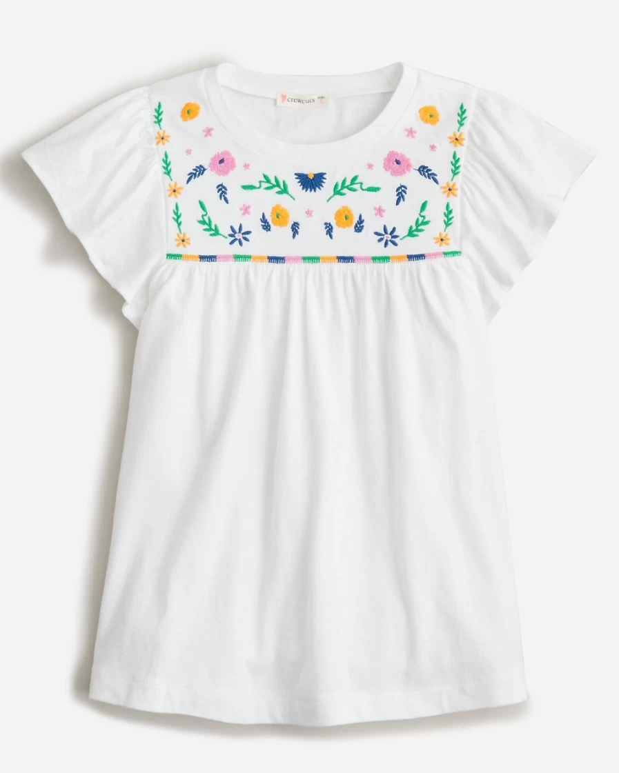 J.Crew Girls' White Embroidered Flutter-Sleeve Cotton T-Shirt for Kids