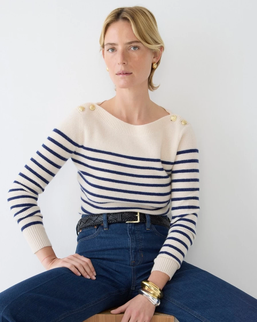 J.Crew Women's Cashmere Striped Boatneck Sweater in Heather Muslin & Navy