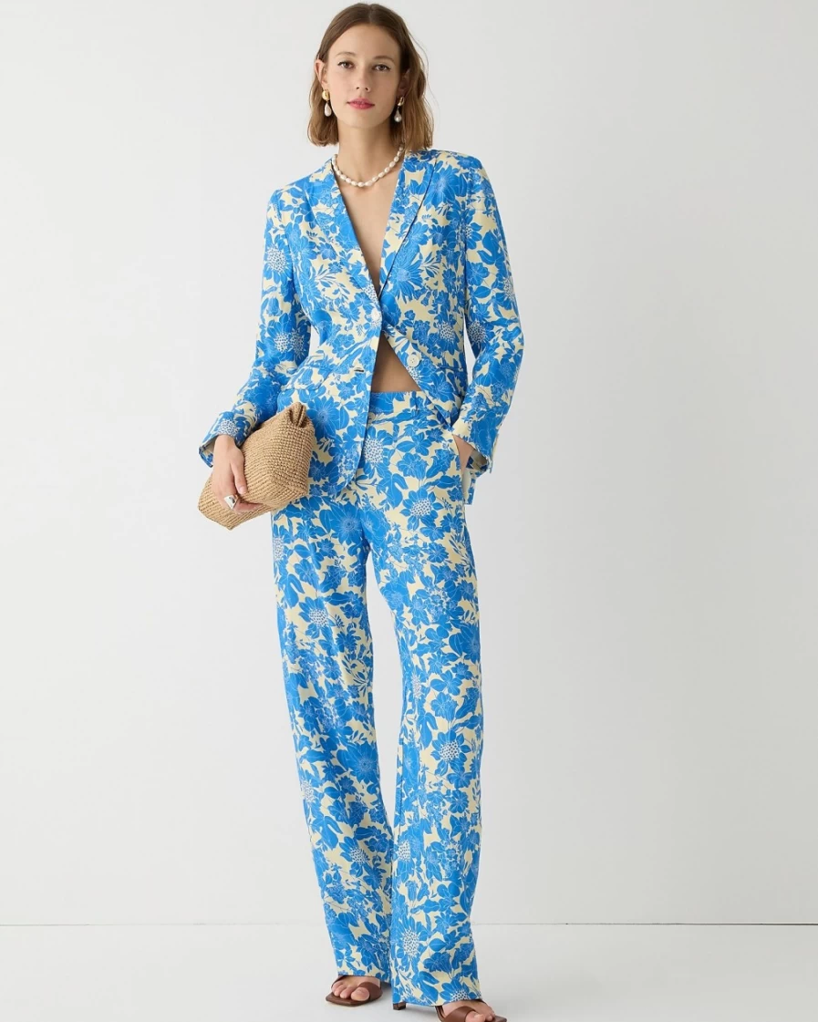 J.Crew Women's Sail Blue Drapey Long Printed Blazer in Cupro Blend