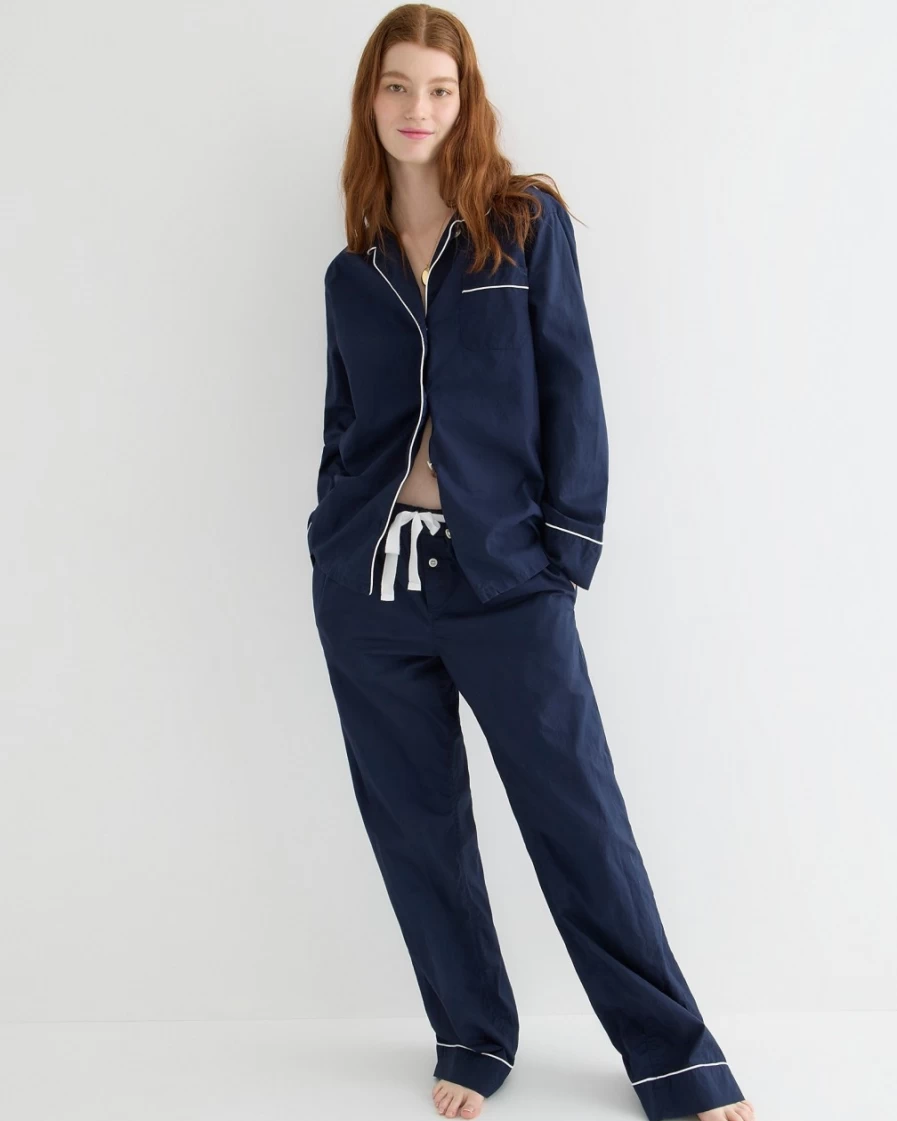 J.Crew Women's Navy End-On-End Cotton Long-Sleeve Pajama Set - Comfortable Sleepwear