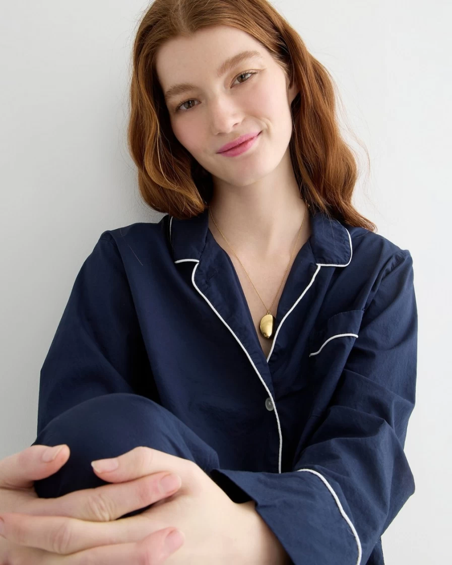 J.Crew Women's Navy End-On-End Cotton Long-Sleeve Pajama Set - Comfortable Sleepwear
