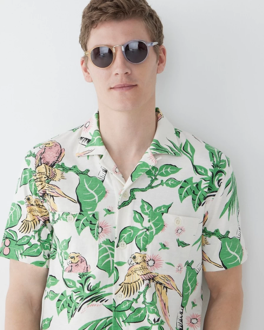 J.Crew Men's Parrot Garden Print Short-Sleeve Cotton Camp-Collar Shirt in Natural