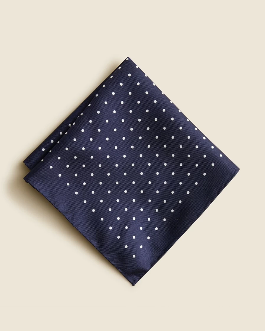 J.Crew Men's Classic Navy Italian Silk Pocket Square with Polka Dot Design
