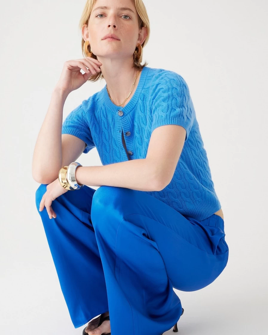 J.Crew Women's Sail Blue Cashmere Cable-Knit Henley T-Shirt | Soft Comfortable Pullover Top