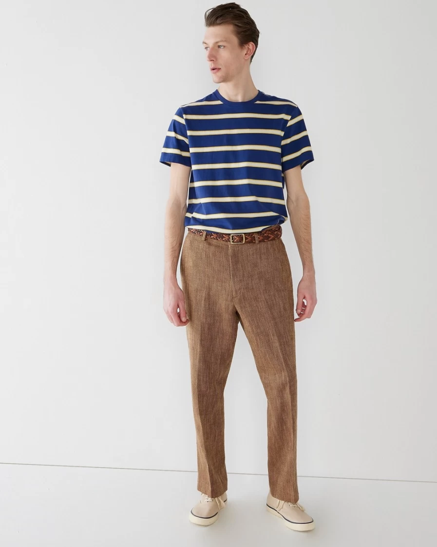 J.Crew Men's Relaxed-Fit Italian Herringbone Linen-Cotton Blend Suit Pants in Brown Khaki