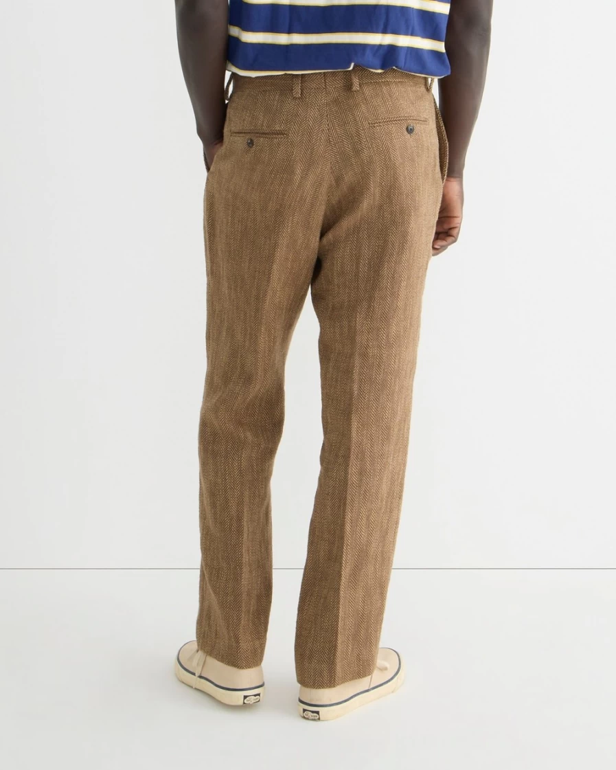 J.Crew Men's Relaxed-Fit Italian Herringbone Linen-Cotton Blend Suit Pants in Brown Khaki