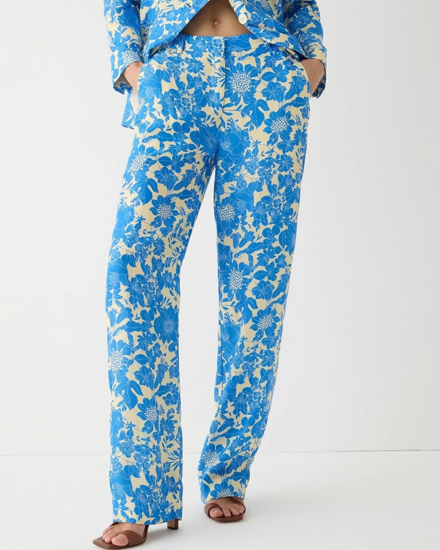 J.Crew Women's Sail Blue Floral Drapey Cupro-Blend Trousers