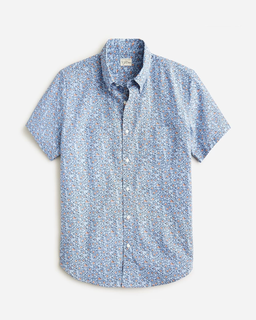 J.Crew Men's Abstract Floral Lake Blue Short-Sleeve Seersucker Printed Shirt
