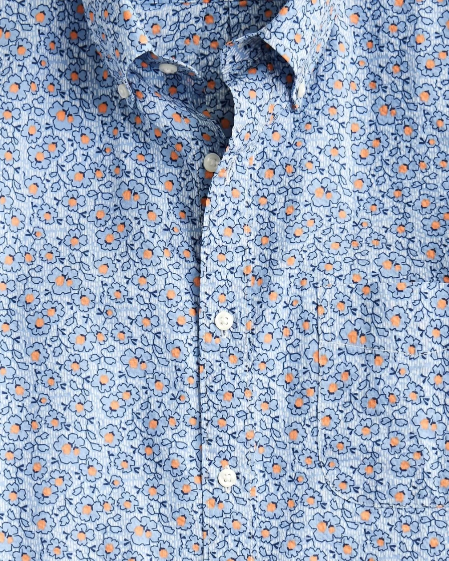 J.Crew Men's Abstract Floral Lake Blue Short-Sleeve Seersucker Printed Shirt