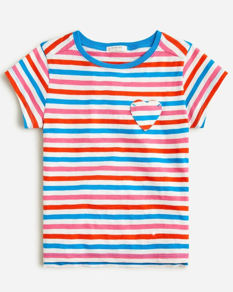 J.Crew Girls' Striped Heart-Pocket T-Shirt - Ivory, Pink, Red, Seasky Colors