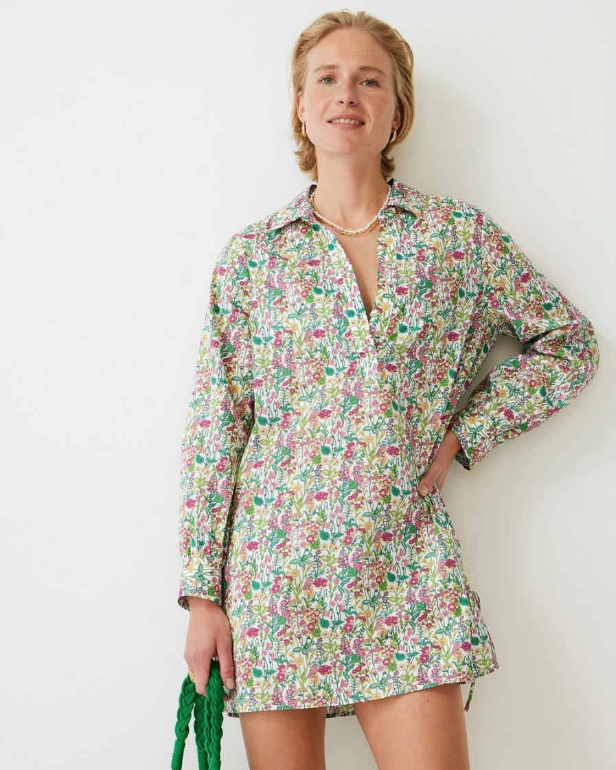 J.Crew Women's Liberty® Fabric Tunic Cover-Up with Side Ties in White Multi