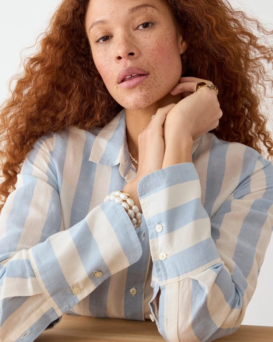 J.Crew Women's Faded Blue Striped Linen-Cotton Blend Long Beach Shirt