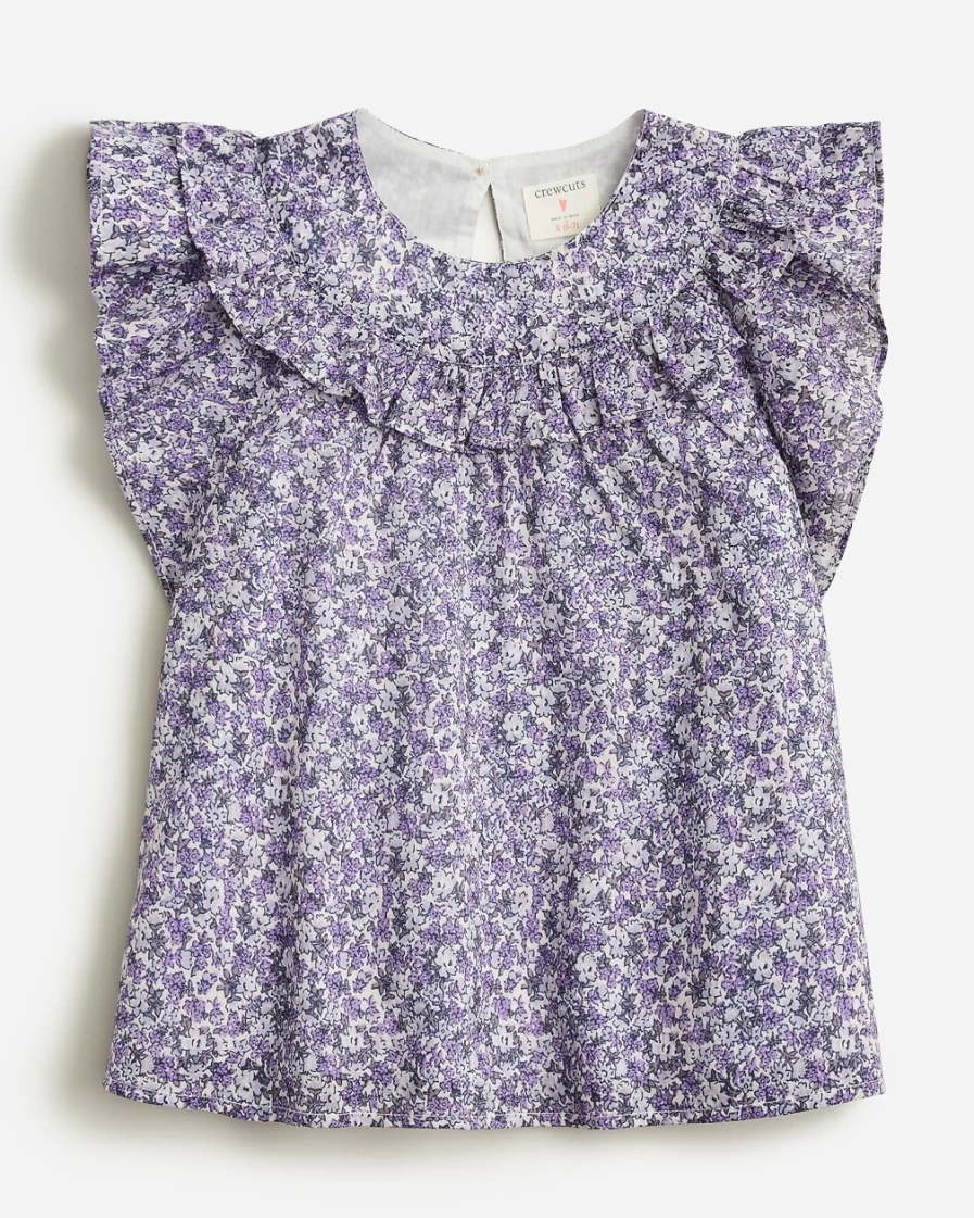 J.Crew Girls' Flutter-Sleeve Cotton Voile Top in Ivory Violet Bouquet Floral Print