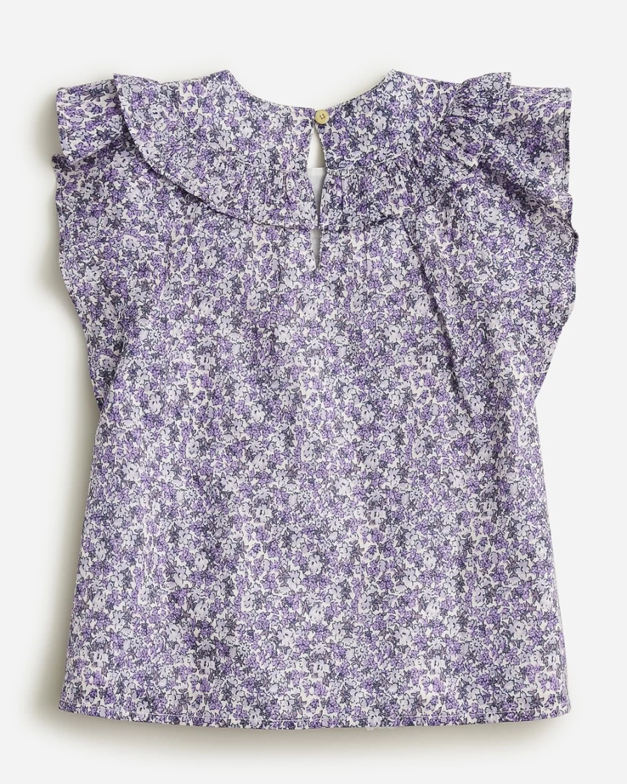 J.Crew Girls' Flutter-Sleeve Cotton Voile Top in Ivory Violet Bouquet Floral Print