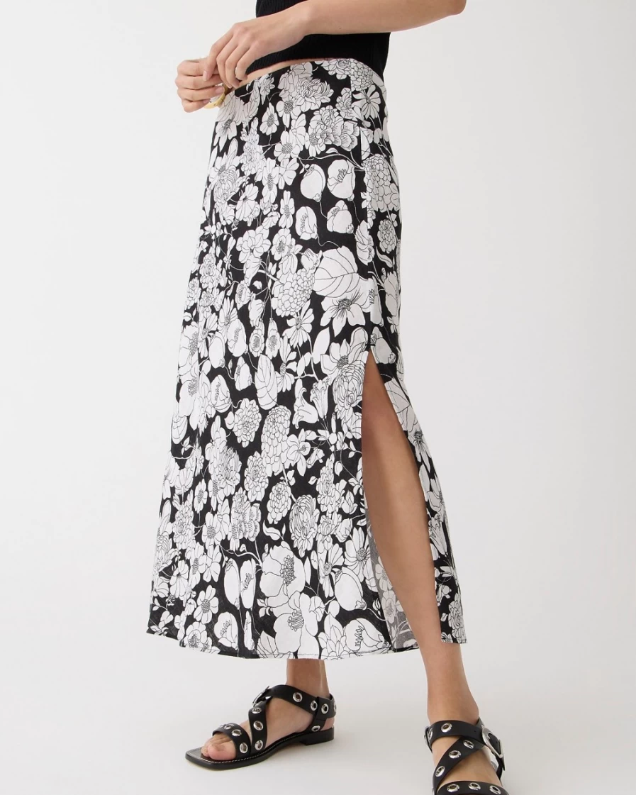 J.Crew Women's Black Gwyneth Linen Slip Skirt with Classic Floral Print
