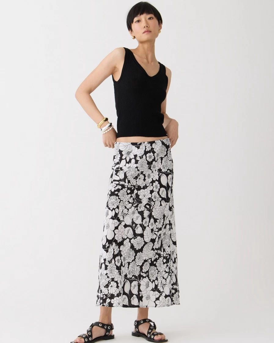 J.Crew Women's Black Gwyneth Linen Slip Skirt with Classic Floral Print