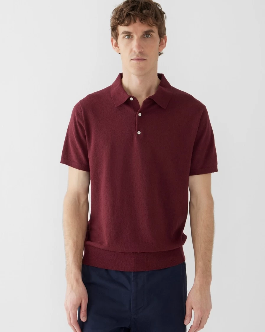 J.Crew Men's Organic Cotton-Blend Bouclé Short-Sleeve Polo Sweater in Deep Rosewood