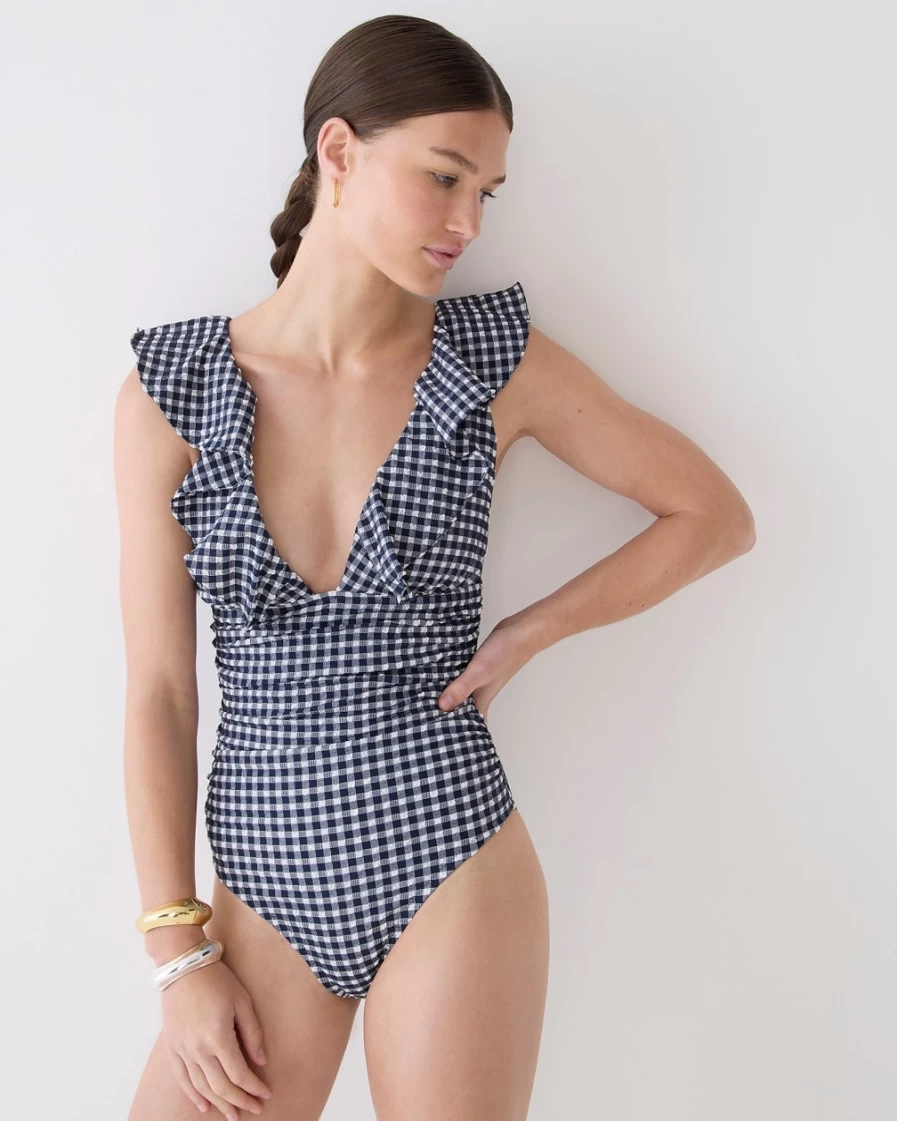 J.Crew Women's White Navy Gingham Ruffle V-Neck Ruched One-Piece Swimsuit
