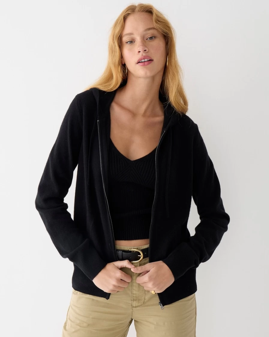 J.Crew Women's Black Cashmere Full-Zip Hooded Sweater