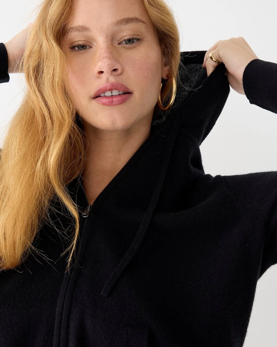 J.Crew Women's Black Cashmere Full-Zip Hooded Sweater