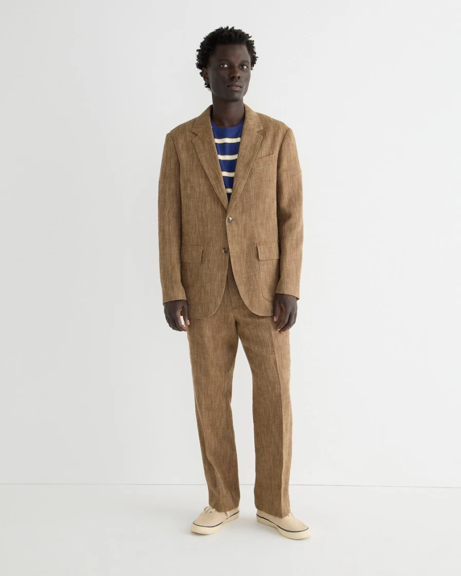 J.Crew Men's Relaxed-Fit Italian Herringbone Linen-Cotton Blend Suit Jacket in Brown Khaki