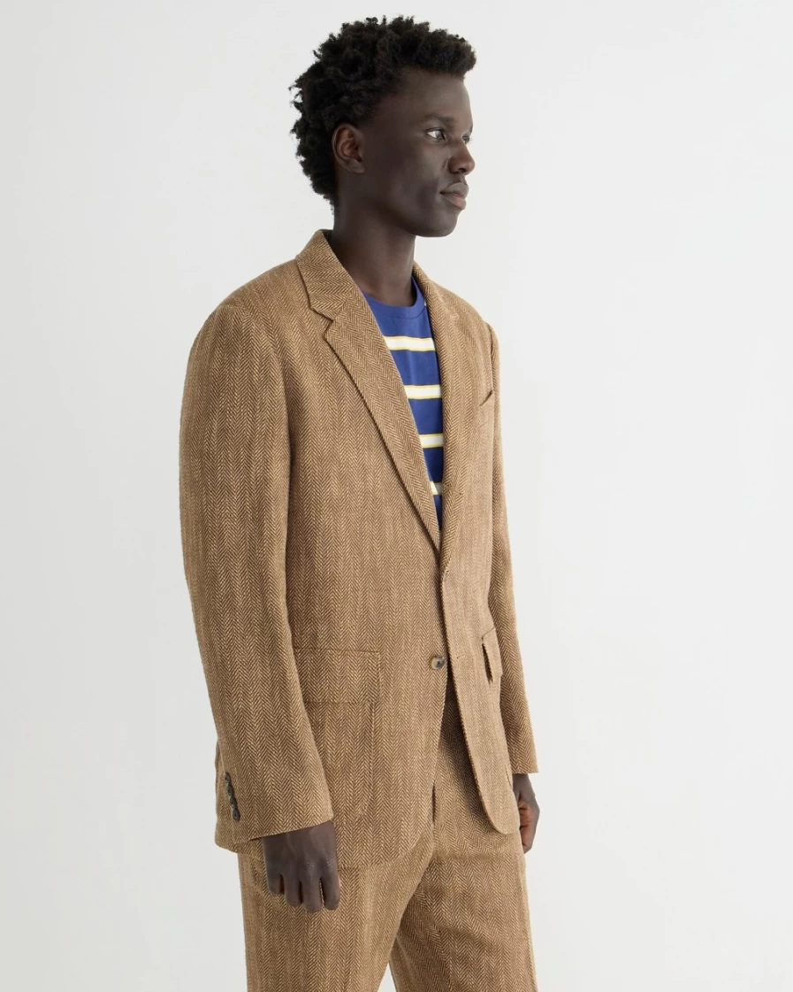 J.Crew Men's Relaxed-Fit Italian Herringbone Linen-Cotton Blend Suit Jacket in Brown Khaki