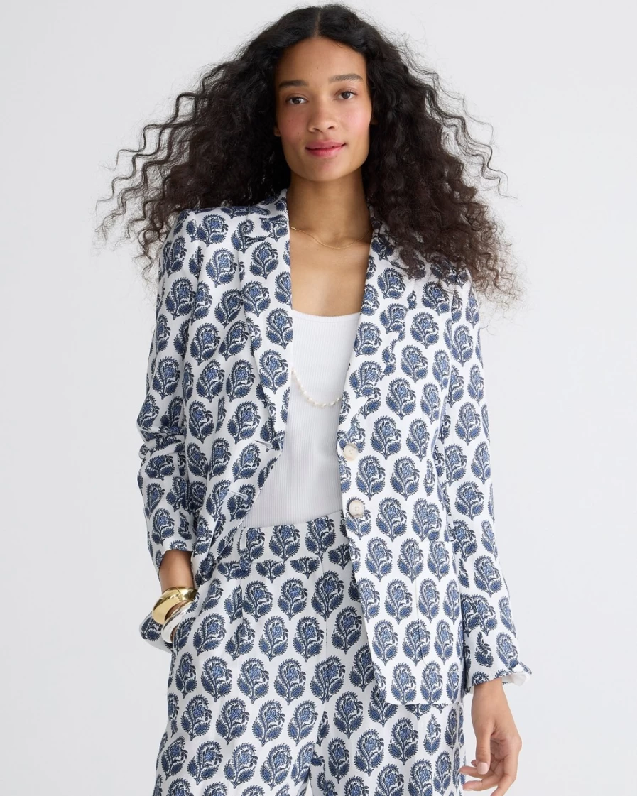 J.Crew Women's Bright Peri Helena Blazer in Floral Block Print - Linen-Cupro Blend Jacket