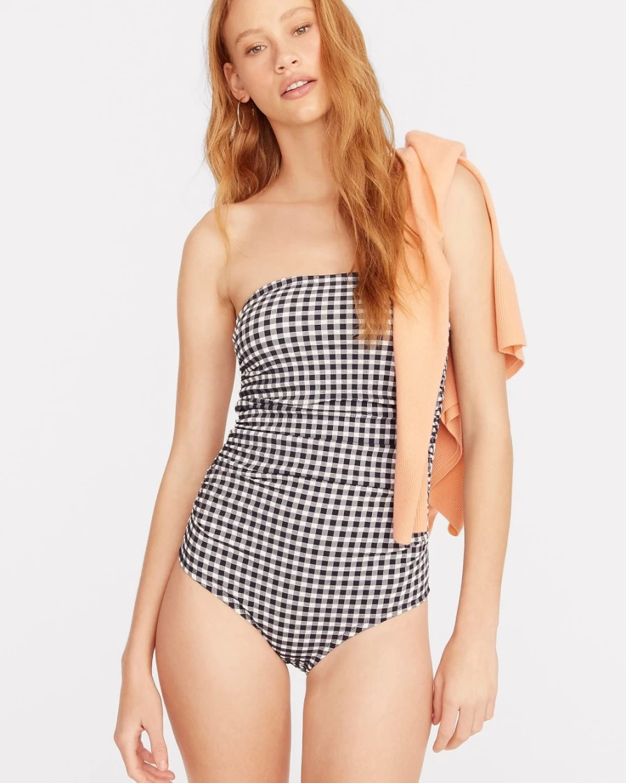 J.Crew Women's White Navy Gingham Ruched Bandeau One-Piece Swimsuit