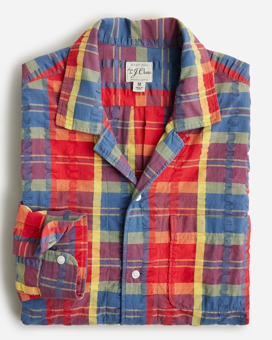 J.Crew Men's Organic Havana Seersucker Red Camp Collar Shirt with Three Pockets
