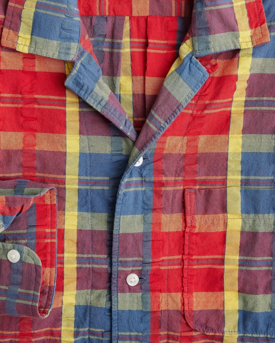 J.Crew Men's Organic Havana Seersucker Red Camp Collar Shirt with Three Pockets