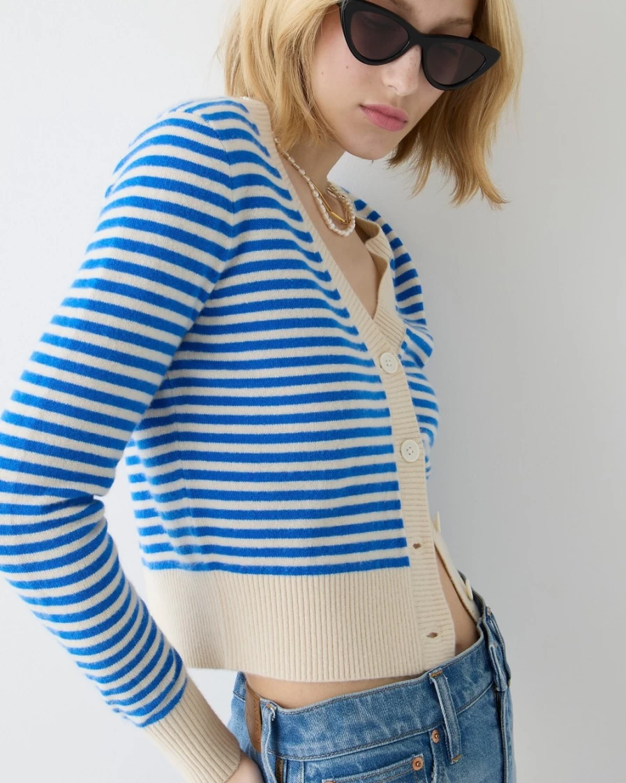 J.Crew Women's Muslin Tidewater Striped Cashmere V-Neck Cropped Cardigan Sweater