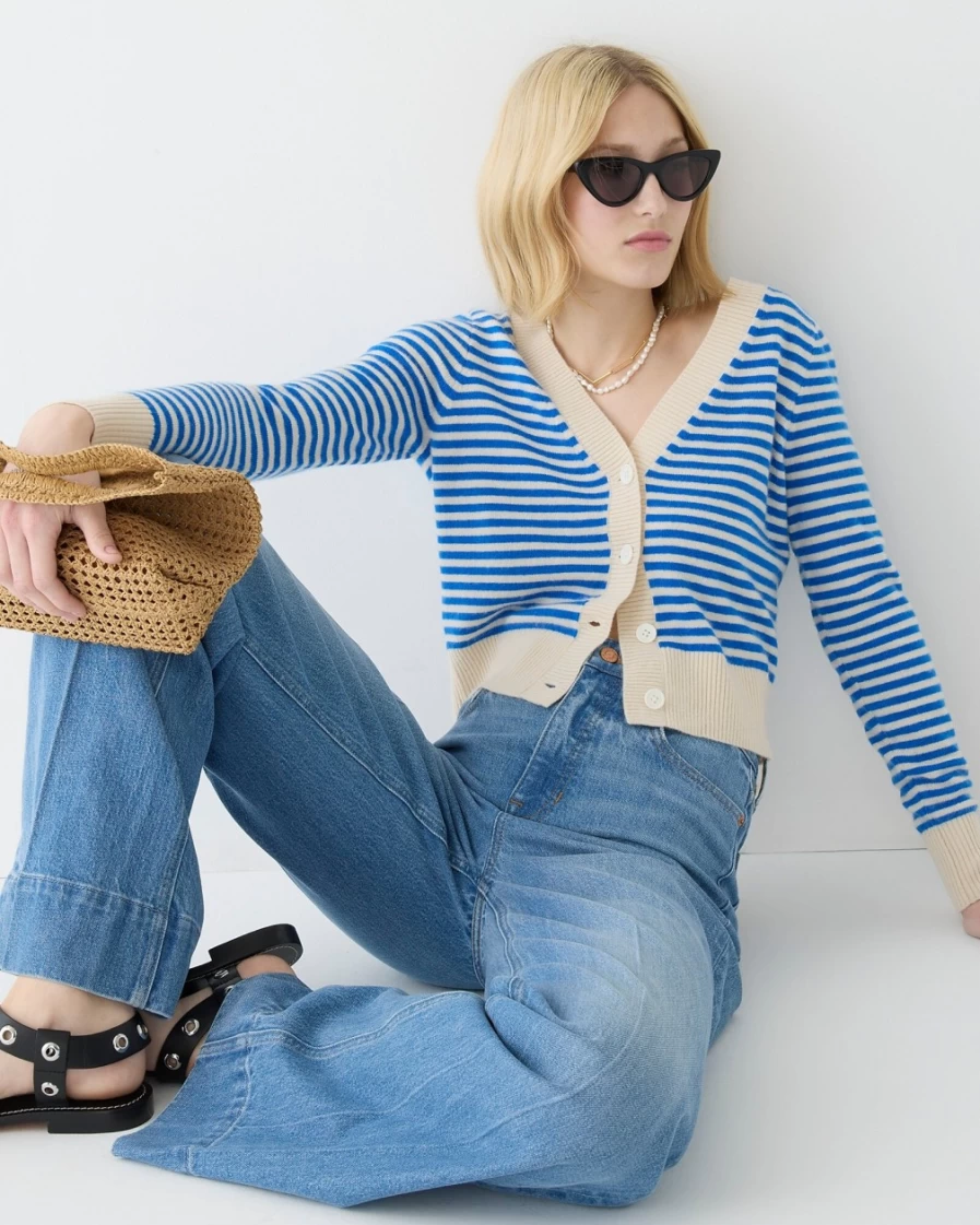 J.Crew Women's Muslin Tidewater Striped Cashmere V-Neck Cropped Cardigan Sweater